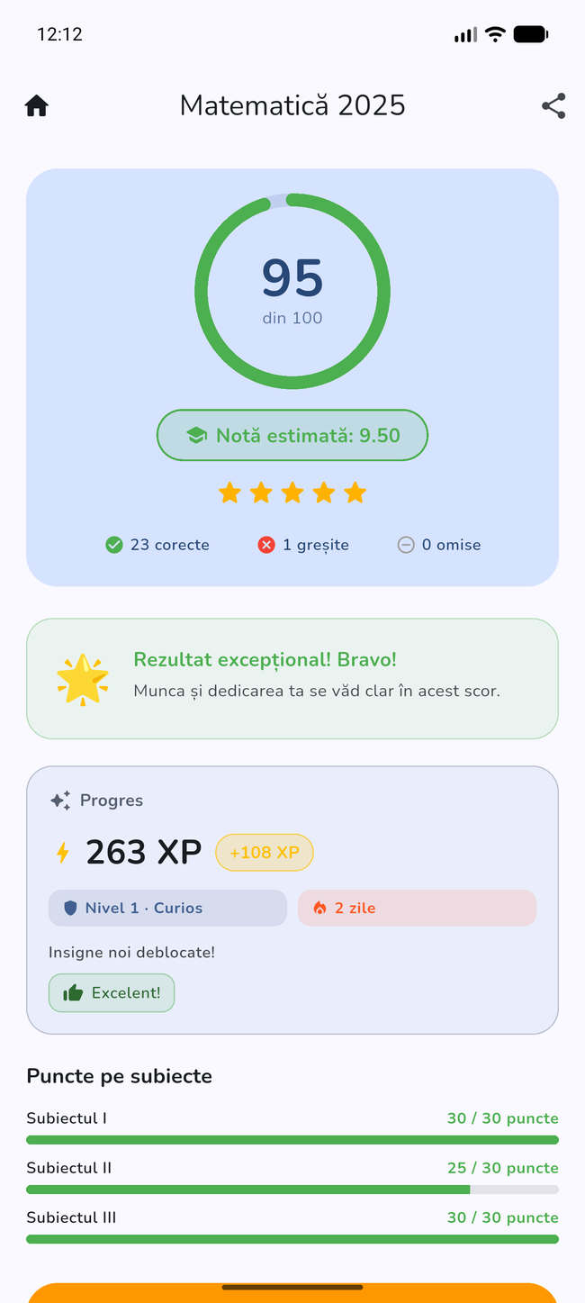 Ecranul de rezultate, scor 95 din 100